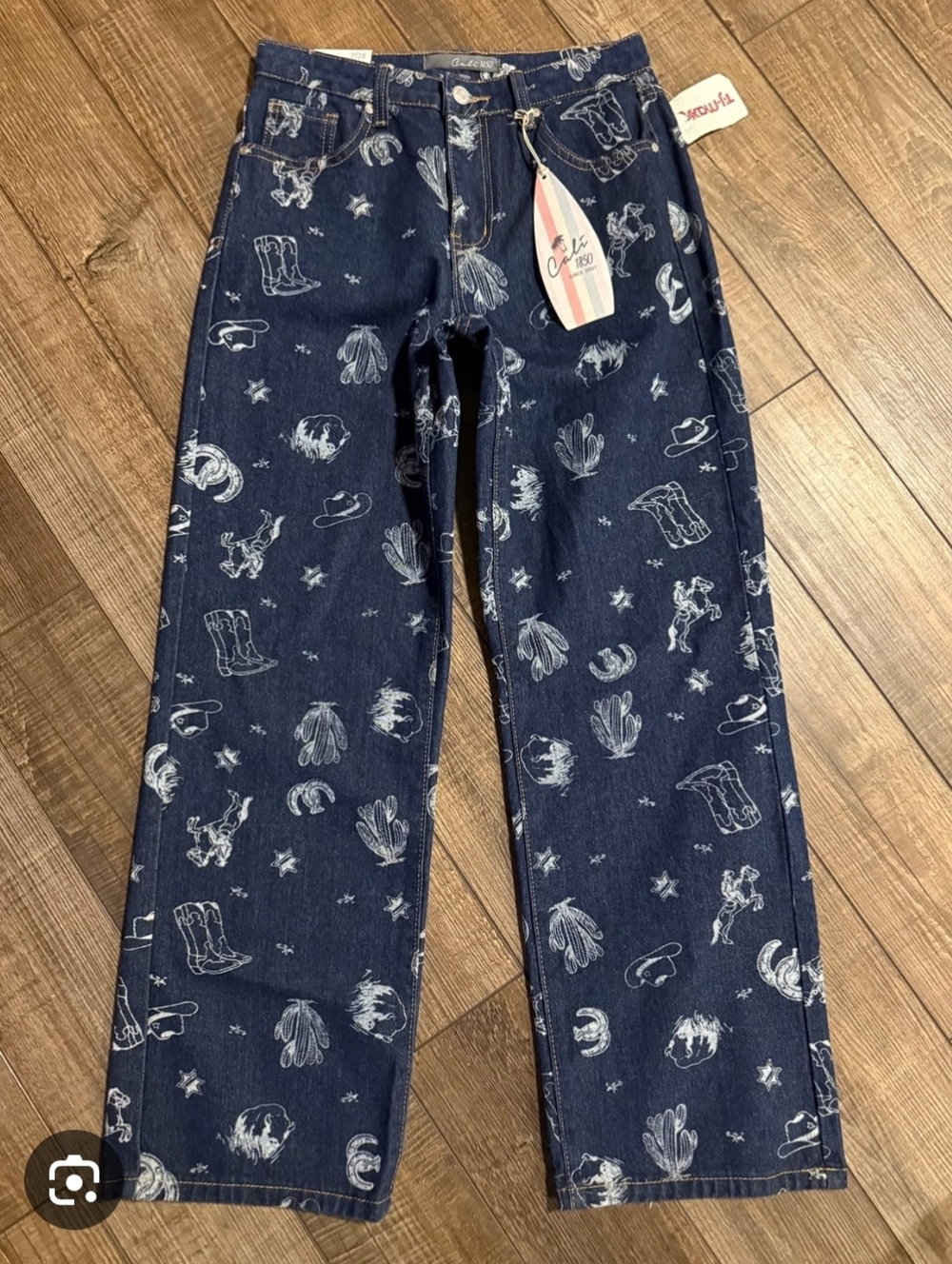Women's Western Print Dark Wash Wide Leg Denim Jeans